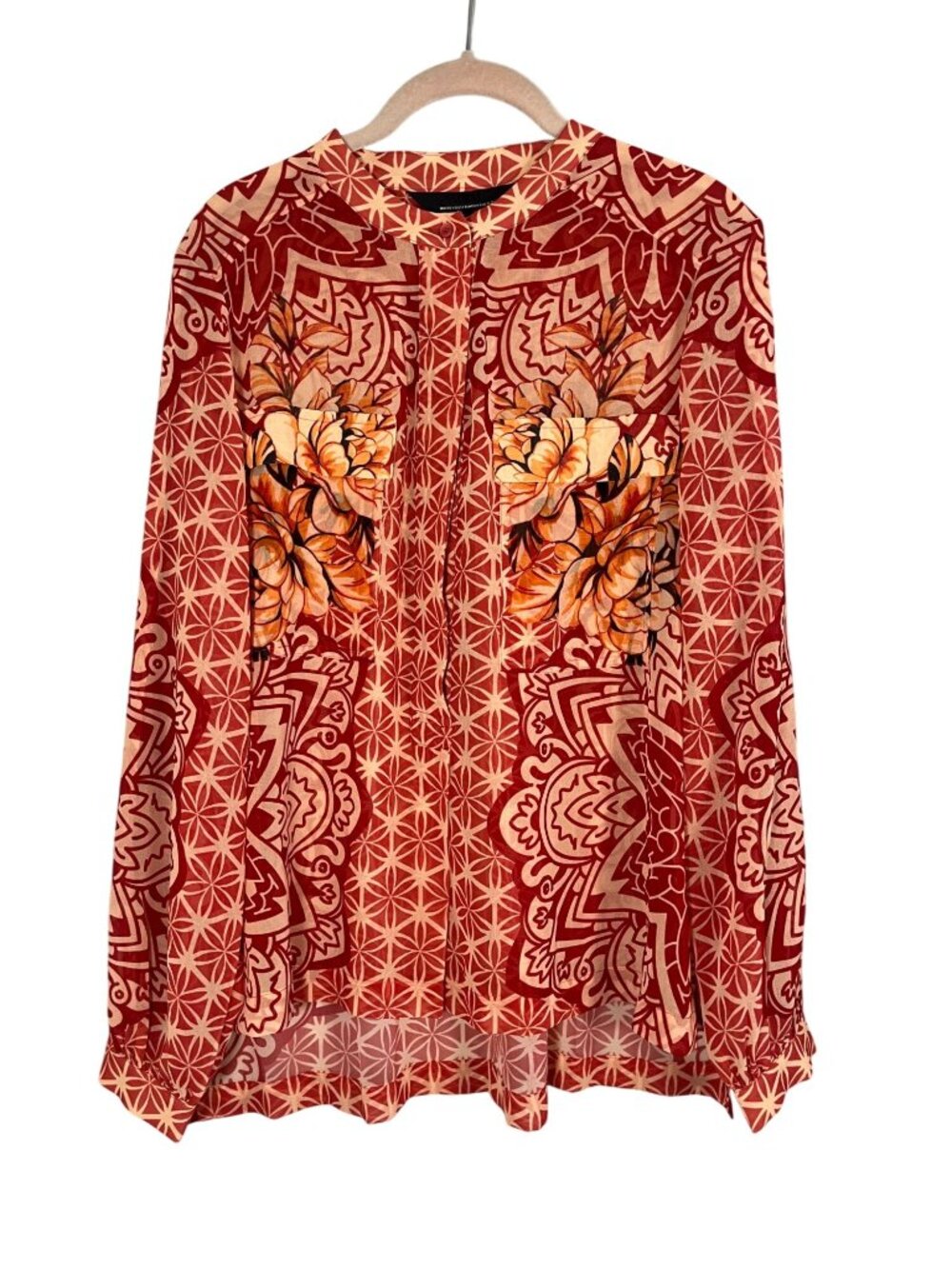 Colorful Floral Sheer Shirt Red M Boho Indie Resort Preppy Cottage Tropical Chic
